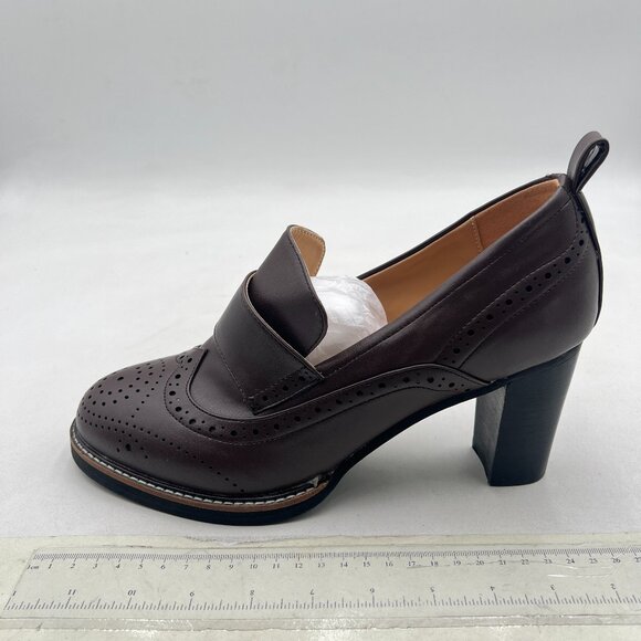 YDN Saddle Brown Chunky High Heels Round Toe Oxford Loafer Dress Shoe - Picture 2 of 8